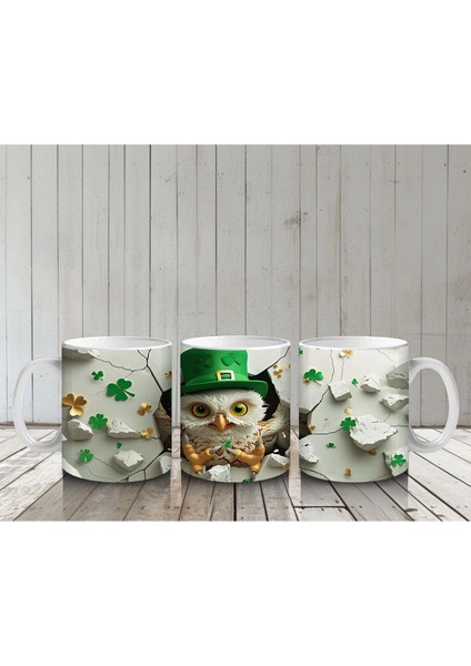 Dört Yapraklı Yoncalarla Şapkalı Baykuş – Baskılı Kahve Kupası