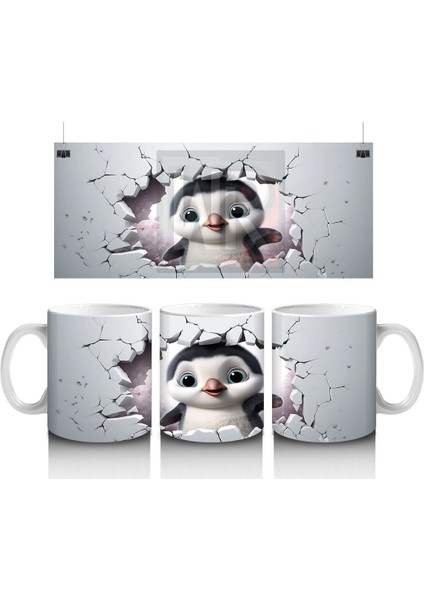 Çatlak Zeminden Bakan Sevimli Penguen Illüstrasyonu - Baskılı Kahve Kupası