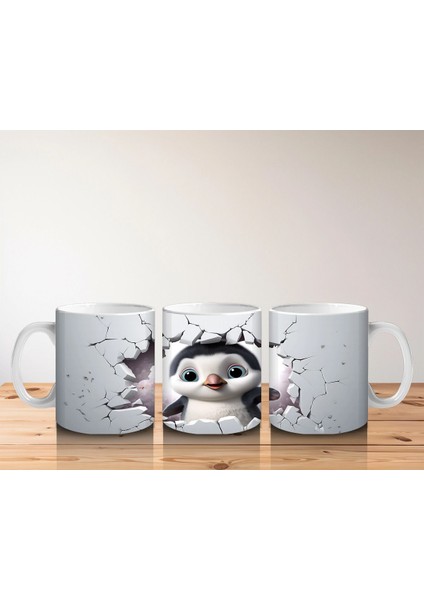 Çatlak Zeminden Bakan Sevimli Penguen Illüstrasyonu - Baskılı Kahve Kupası indirimleri