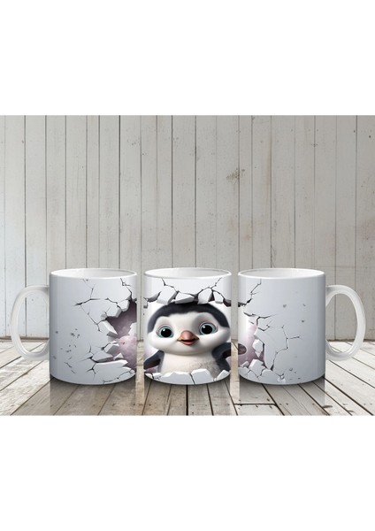 Çatlak Zeminden Bakan Sevimli Penguen Illüstrasyonu - Baskılı Kahve Kupası