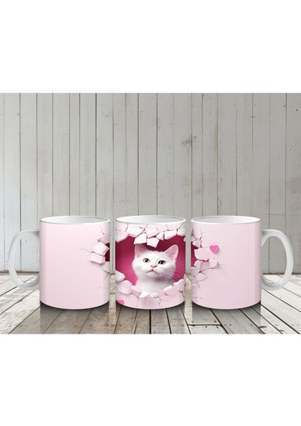 Kalpli Duvar Arasında Beyaz Kedi Yavrusu – Baskılı Kahve Kupası