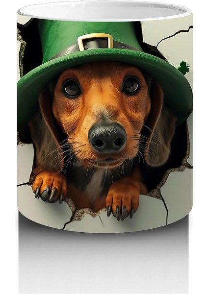 St. Patrick’s Şapkalı Çatlak Zeminden Bakan Dachshund - Baskılı Kahve Kupası modelleri