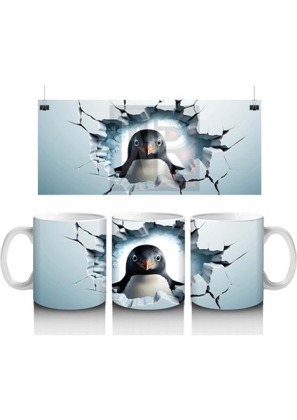 Çatlak Duvar Arasından Bakan Tatlı Penguen – Baskılı Kahve Kupası