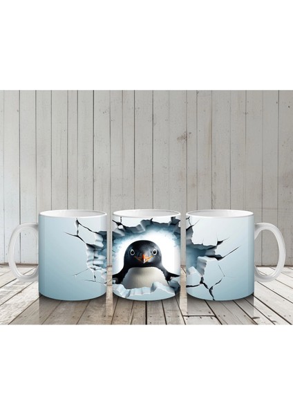 Çatlak Duvar Arasından Bakan Tatlı Penguen – Baskılı Kahve Kupası
