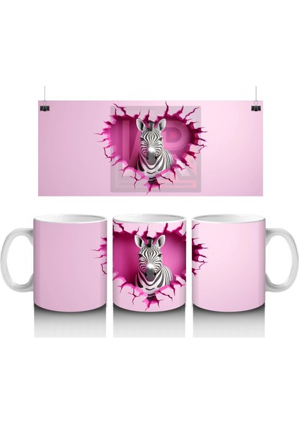 Kalp Desenli Pembe Arka Planda Zebra – Baskılı Kahve Kupası