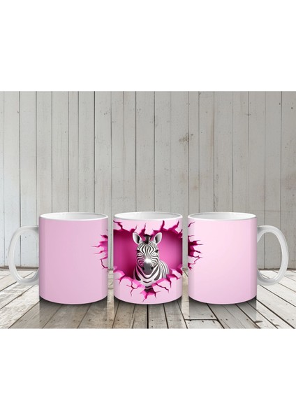 Kalp Desenli Pembe Arka Planda Zebra – Baskılı Kahve Kupası