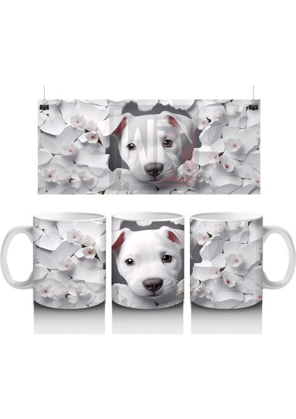 Çiçek Desenli Fon Üzerine Sevimli Beyaz Köpek – Baskılı Kupa