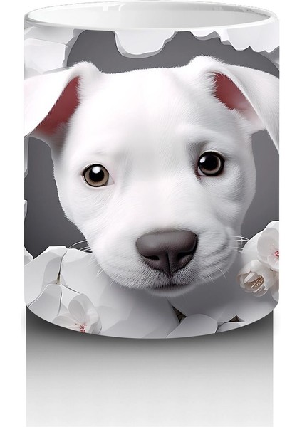 Çiçek Desenli Fon Üzerine Sevimli Beyaz Köpek – Baskılı Kupa modelleri