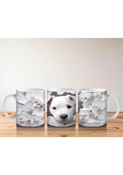 Çiçek Desenli Fon Üzerine Sevimli Beyaz Köpek – Baskılı Kupa indirimleri