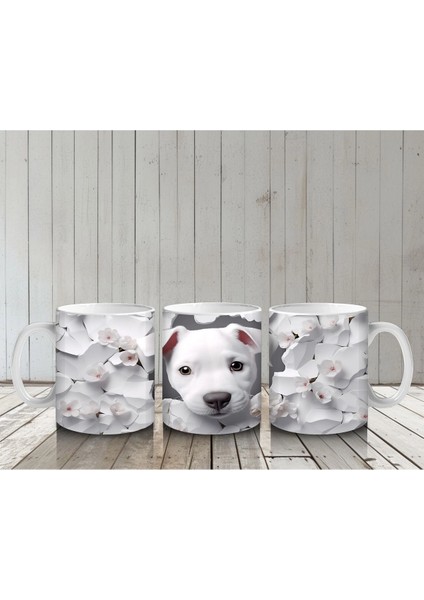 Çiçek Desenli Fon Üzerine Sevimli Beyaz Köpek – Baskılı Kupa