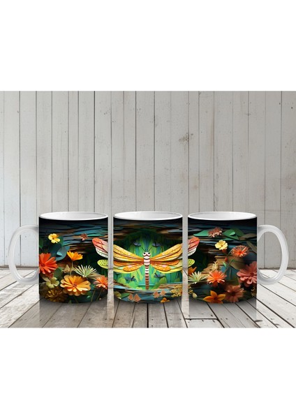 Sarı Çiçeklerle Bezeli Suda Yansıyan Yusufçuk Deseni - Baskılı Kahve Kupası