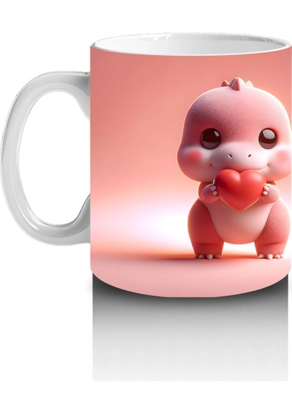 Kalpli Figür Tutan Sevimli Pembe Dinozor (Ön ve Arka) - Baskılı Kahve Kupası fiyatları