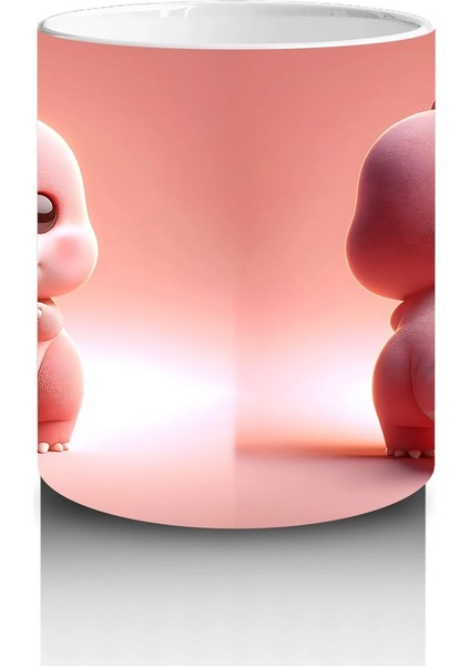 Kalpli Figür Tutan Sevimli Pembe Dinozor (Ön ve Arka) - Baskılı Kahve Kupası modelleri