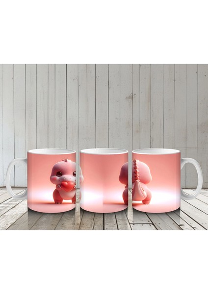 Kalpli Figür Tutan Sevimli Pembe Dinozor (Ön ve Arka) - Baskılı Kahve Kupası