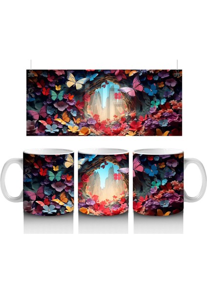 Parlak Kalpli Tünelde Pembe Kelebek – Baskılı Kupa