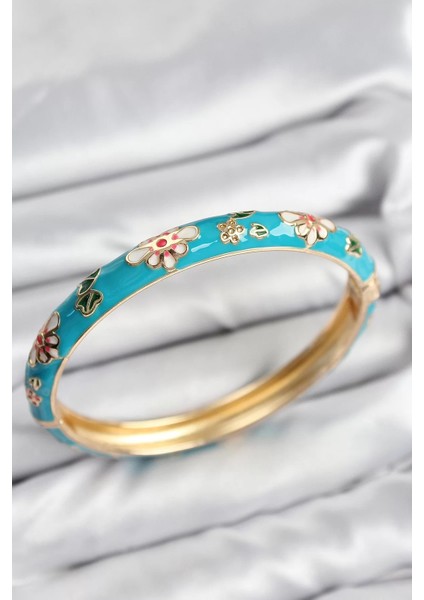 Mineli Pirinç Mavi Çiçek Motifli Gold Kadın Kelepçe