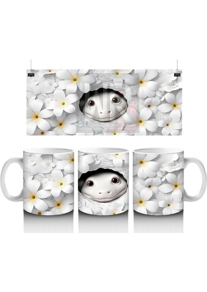 Beyaz Çiçekler Arasında Saklanan Sevimli Yüz Figürü - Baskılı Kahve Kupası