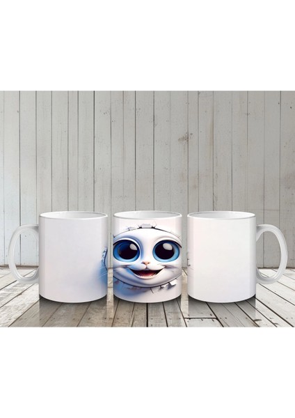 Gözleri Kocaman Sevimli Beyaz Maskot Yüzü – Baskılı Kahve Kupası