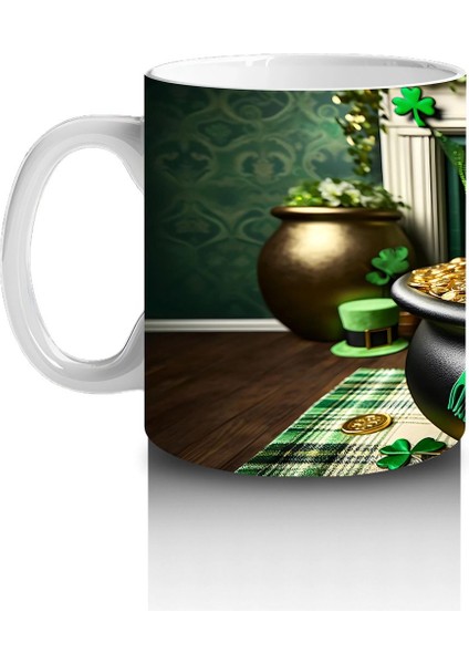 Yeşil Temalı Masada Oturan St. Patrick Bulldog – Baskılı Kahve Kupası fiyatları
