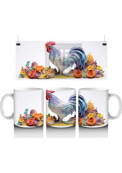 Çiçekler Arasında Renkli Horoz – Baskılı Kahve Kupası