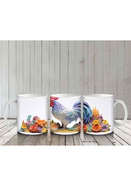 Çiçekler Arasında Renkli Horoz – Baskılı Kahve Kupası
