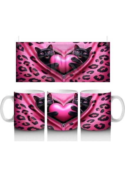 Gri Tüylü Kediler Arasında Kalpli Peluş – Baskılı Kahve Kupası