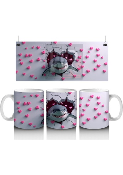 Kalplerle Çevrili Çatlak Zeminden Fırlayan Gülümseyen Köpekbalığı - Baskılı Kahve Kupası