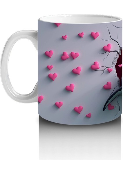 Kalplerle Çevrili Çatlak Zeminden Fırlayan Gülümseyen Köpekbalığı - Baskılı Kahve Kupası fiyatları