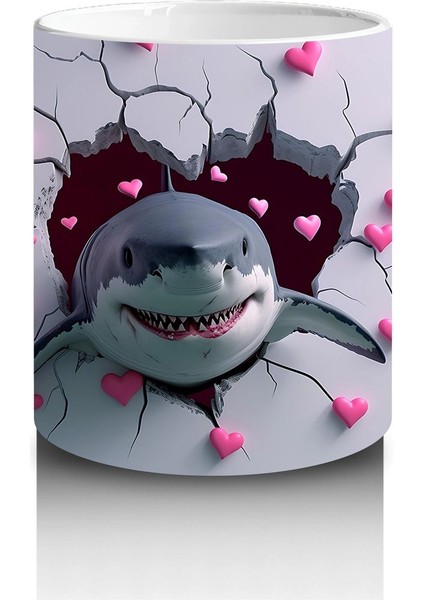 Kalplerle Çevrili Çatlak Zeminden Fırlayan Gülümseyen Köpekbalığı - Baskılı Kahve Kupası modelleri