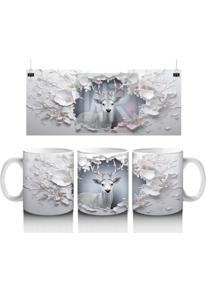 Beyaz Çiçeklerle Süslenmiş Çatlak Zeminden Bakan Geyik - Baskılı Kahve Kupası