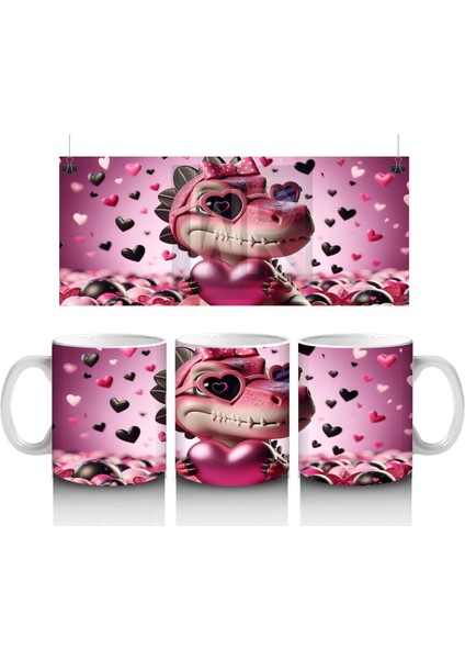 Aşk Temalı Kalpli Gözlü Dinazor – Baskılı Kahve Kupası