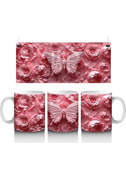 Pembe Güller Arasında Zarif Kelebek – Baskılı Kahve Kupası