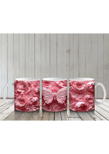 Pembe Güller Arasında Zarif Kelebek – Baskılı Kahve Kupası