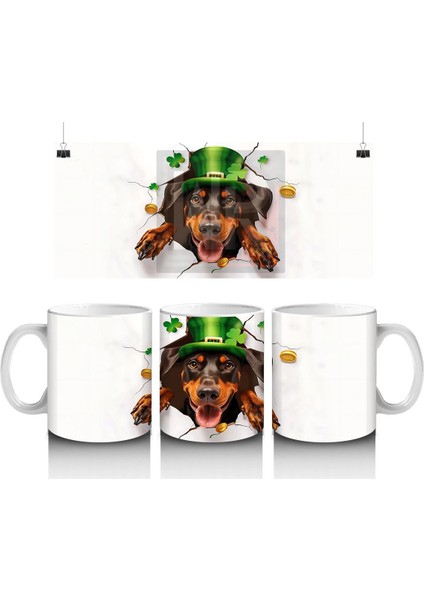 Şapkalı Doberman ve Dört Yapraklı Yoncalar – Baskılı Kahve Kupası