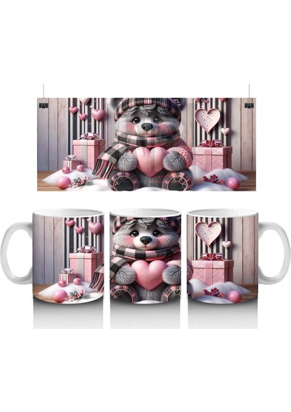 Pembe Kalplerle Süslenmiş Ayıcık – Baskılı Kahve Kupası