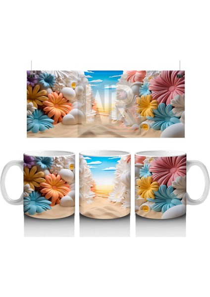 Renkli Çiçeklerle Süslenmiş Kumsal Manzarası – Baskılı Kahve Kupası