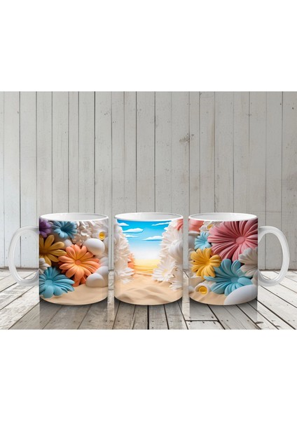 Renkli Çiçeklerle Süslenmiş Kumsal Manzarası – Baskılı Kahve Kupası