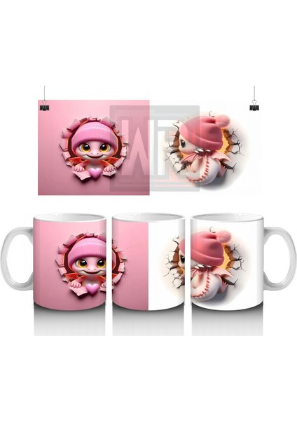 Pembe Şapkalı Sevimli Kız Maskot Çatlakta – Baskılı Kahve Kupası