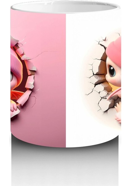 Pembe Şapkalı Sevimli Kız Maskot Çatlakta – Baskılı Kahve Kupası modelleri