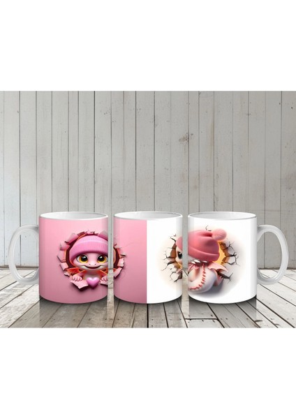 Pembe Şapkalı Sevimli Kız Maskot Çatlakta – Baskılı Kahve Kupası