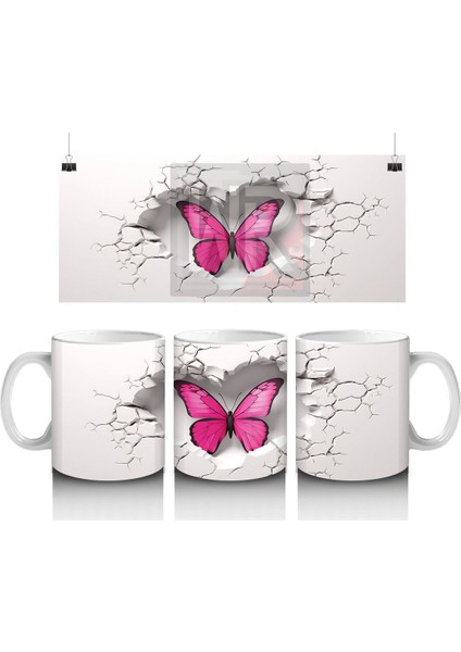 Çatlak Duvarda Parlayan Pembe Kelebek – Baskılı Kahve Kupası