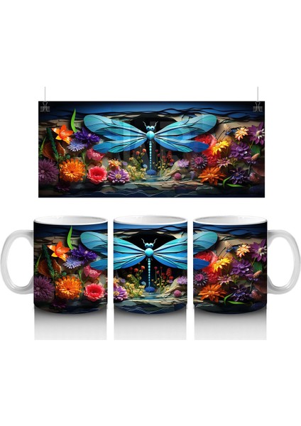 Çift Mavi Yusufçuk ve Çiçek Bahçesi – Baskılı Kahve Kupası