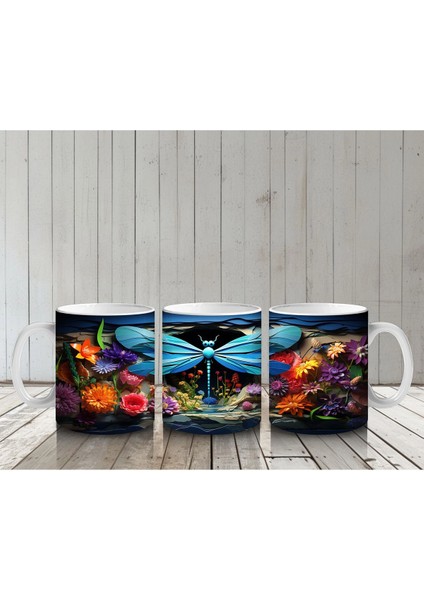Çift Mavi Yusufçuk ve Çiçek Bahçesi – Baskılı Kahve Kupası