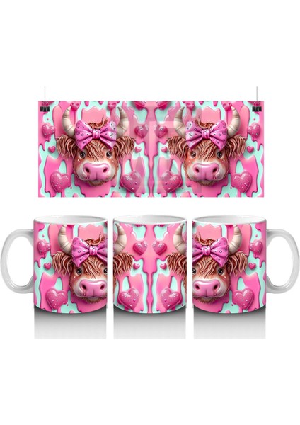 Fuşya Kurdeleli Sevimli Boğa Çifti - Baskılı Kahve Kupası