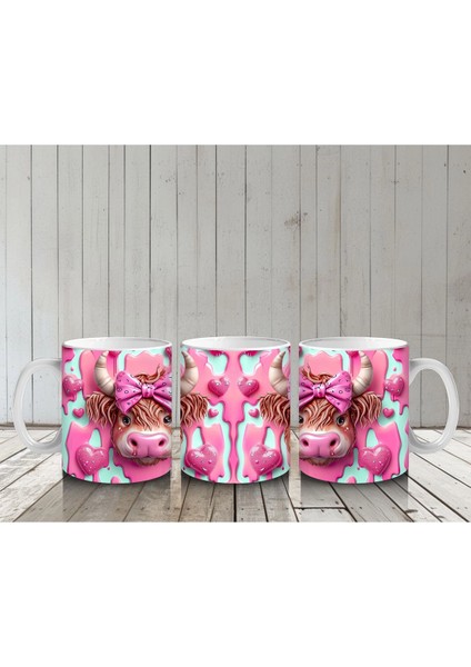 Fuşya Kurdeleli Sevimli Boğa Çifti - Baskılı Kahve Kupası