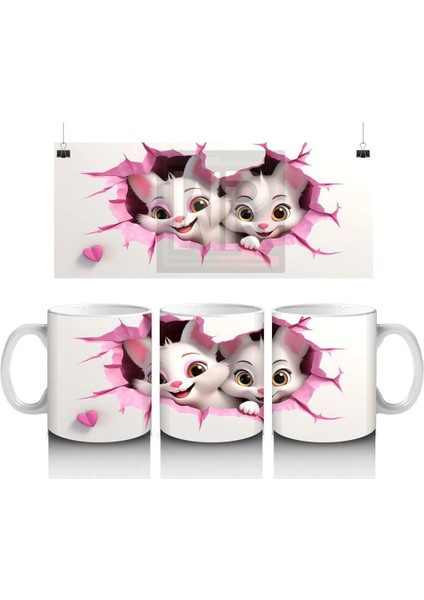 Pembe Çiçeklerle Süslenmiş Kedi Çifti – Baskılı Kahve Kupası