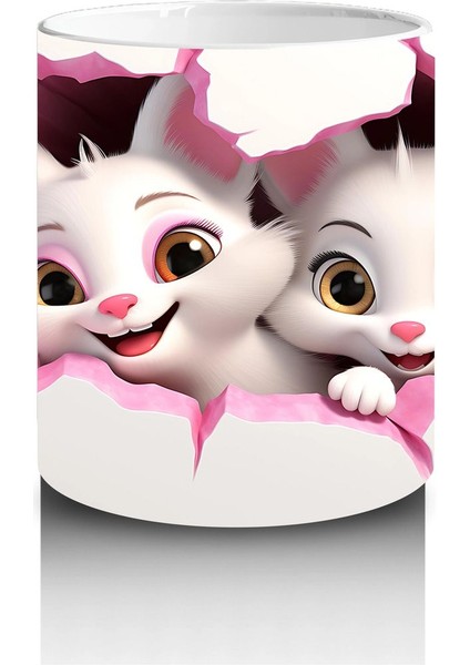 Pembe Çiçeklerle Süslenmiş Kedi Çifti – Baskılı Kahve Kupası modelleri