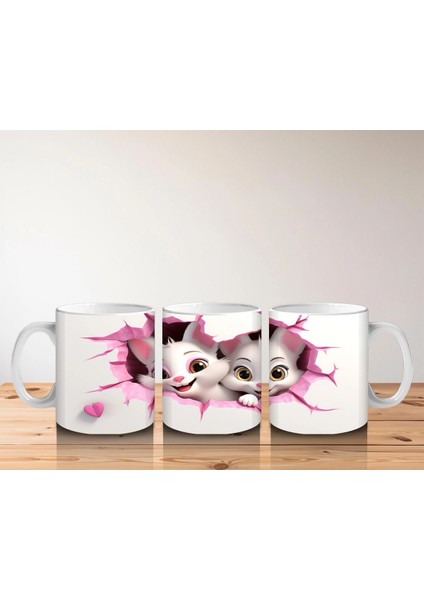 Pembe Çiçeklerle Süslenmiş Kedi Çifti – Baskılı Kahve Kupası indirimleri