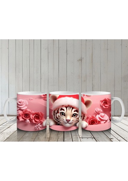 Pembe Bereli Sevimli Kedi Figürü – Baskılı Kupa