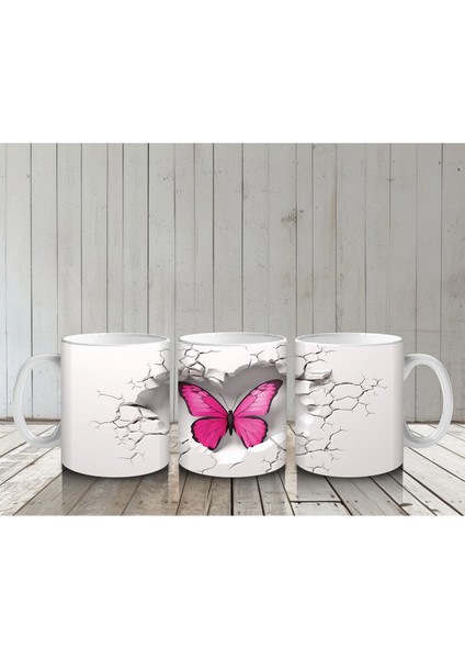 Çatlak Duvarda Parlayan Pembe Kelebek – Baskılı Kahve Kupası
